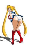 1girl ass bent_over bishoujo_senshi_sailor_moon blonde blonde_hair blue_eyes blue_skirt blush boots clothed embarrassed female female_only grimphantom grimphantom_(artist) hair_ornament heeled_boots high_heel_boots knee_boots legs leotard long_blonde_hair long_hair long_twintails looking_back panties pantyshot presenting_hindquarters red_boots sailor_moon serafuku skirt solo standing tiara tsukino_usagi twin_tails underwear usagi_tsukino white_background white_panties white_underwear