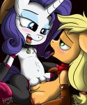 applejack blonde_hair blue_eyes collar friendship_is_magic green_eyes killryde my_little_pony purple_hair rarity_(mlp) stocking yuri