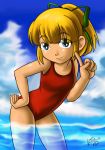 blue_eyes capcom long_hair louis_black_78 mega_man megaman nintendo one-piece_swimsuit ponytail rockman rockman_(classic) roll_(rockman) smile swimsuit