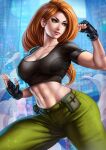 1girl alluring athletic_female big_breasts cargo_pants dandon_fuga disney female_abs fingerless_gloves fit_female green_eyes hot kim_possible kimberly_ann_possible orange_hair sexy voluptuous