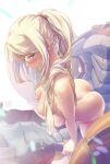 1girl armor blonde_hair blue_eyes breasts extremely_large_filesize female female_only long_hair metroid mitsu_(mitsu_art) nipples nude ponytail power_suit samus_aran solo undressing very_high_resolution