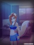 1girl alluring anthro bed bedroom bottomwear clothed clothing domestic_cat eipril elisabeth_(character) elisabeth_(eipril) felid feline felis fluffy_tail fur furniture gif hair long_hair mammal markings orange_hair panties raised_leg short_playtime skirt tan_body tan_fur text underwear