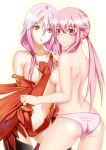 2_girls :o ass bare_shoulders black_legwear blush breasts crossover elbow_gloves fingerless_gloves gasai_yuno gloves guilty_crown high_res long_hair looking_at_viewer mirai_nikki mizuse_kouichi multiple_girls navel nipples no_bra panties pink_hair pink_panties red_eyes season_connection smile stockings topless twin_tails underwear undressing yuzuriha_inori