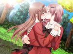 2girls brown_hair closed_eyes cousins glasses hair hand_holding hug hugging incest kiss kissing kitajima_kaede kitajima_sara multiple_girls peko ponytail sono_hanabira_ni_kuchizuke_wo yuri