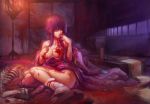 bare_legs bare_shoulders blood blood_on_face breasts cellphone clog_sandals clothes_down gasai_yuno glowing glowing_eyes japanese_clothes kimono kimono_pull lantern mirai_nikki no_bra obi phone purple_hair rained red_eyes scroll signature skeleton solo yukata