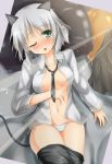 1girl animal_ears black_legwear blush breasts green_eyes grey_hair high_res highres kuragari lying neck_tie necktie one_eye_closed open_clothes open_shirt panties pantyhose pantyhose_pull sanya_v_litvyak shirt short_hair side-tie_panties solo strike_witches tail underwear white_panties wink