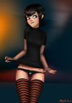  1girl aphius black_hair black_panties blue_eyes female_only hotel_transylvania mavis_dracula nail_polish panties short_hair smile stockings striped_legwear underwear vampire 