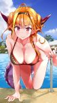 1girl ahoge big_breasts braid breasts cleavage dragon_girl dragon_horns dragon_tail headband high_resolution hololive horns kiryuu_coco leaning_forward looking_at_viewer monster_girl orange_hair pointed_ears pool swimsuit tail tied_hair virtual_youtuber yuyaiyaui