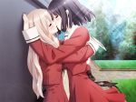  2girls black_hair blonde_hair blush hug hugging kawamura_reo kiss kissing multiple_girls peko sawaguchi_mai sono_hanabira_ni_kuchizuke_wo yuri 