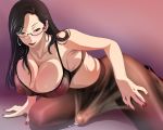 1girl big_breasts black_hair bra breasts brown_eyes cleavage earrings fingernails futanari glasses jewelry long_hair nail_polish original penis precum smile solo stockings testicle underwear upside_down_(artist)