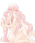 2_girls 2girls aino_yumeri clone clones dual_persona future_diary gasai_yuno hand_on_another's_face incest long_hair mirai_nikki multiple_girls nude open_mouth pink_hair selfcest simple_background very_long_hair white_background yuri