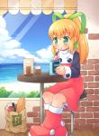 1girl bad_id bag blonde_hair blush boots bread cafe capcom cloud dress drinking drinking_straw energy_tank food green_eyes hair_ribbon knee_boots long_hair mega_man megaman milk mizuno_mumomo nintendo ocean ponytail red_skirt ribbon rockman rockman_(classic) roll_(rockman) skirt sky solo straw tomato