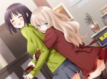  2girls ass black_hair blonde_hair blush couple covered_nipples erect_nipples female female_only hug_from_behind hugging kawamura_reo multiple_girls peko sawaguchi_mai skirt sono_hanabira_ni_kuchizuke_wo upskirt yuri 