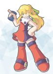 1girl adapted_costume bare_shoulders blonde_hair blush boots capcom colored_eyelashes doll_joints dress energy_tank green_eyes grin hair_ribbon high_res long_hair mega_man megaman nintendo ponytail ribbon rockman rockman_(classic) roll_(rockman) sleeveless smile solo wink