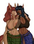  2_girls artwithmoira blue_eyes blue_hair brown_eyes brown_hair corruption_of_champions corruption_of_champions_ii green_eyes horse_girl lesbian monster_girl naughty_face original_characters pointy_ears yuri 