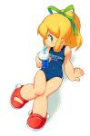 1girl blonde_hair blue_eyes capcom clothes_writing clothing_writing drink energy_tank green_eyes high_res highres long_hair mega_man megaman nintendo om_(artist) one-piece_swimsuit ponytail rockman rockman_(classic) roll_(rockman) school_swimsuit solo swimsuit