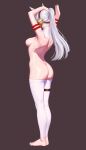  1girl armpits arms_up ass barefoot breasts brown_background clothes_pull clothing cropped_arms detached_leggings dimples_of_venus excellolang facing_away facing_viewer feet gold_ship_(umamusume) grey_hair high_resolution horse_girl legs legs_together legwear long_hair median_furrow medium_breasts no_shoes no_tail nude pants pants_pull revision ribs sideboob simple_background standing sweat thigh_strap thighs tying_hair uma_musume_-_pretty_derby umamusume very_high_resolution white_hair white_legwear 