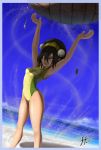  1girl aqua_eyes armpit arms_up avatar:_the_last_airbender beach black_hair blind border boulder breasts bun_cover clothes_writing clothing day double_bun dust element_bending female fernando_faria_(artist) green_eyes grey_eyes hair_bun headband headwear medium_breasts ocean one-piece_swimsuit outside photoshop_(medium) rock shadow short_hair solo swimsuit text_on_clothes tied_hair toph_bei_fong water 