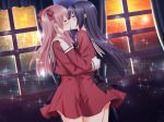  2girls ass ayase_miya azumi_risa black_hair blush bow closed_eyes fireworks game_cg hair hair_bow hair_ribbon hairband kiss kissing long_hair multiple_girls peko red_hair ribbon school_uniform sono_hanabira_ni_kuchizuke_wo sparkle two_side_up upskirt window yuri 