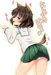 1girl :d akiyama_yukari animal_ears bangs blush brown_eyes brown_hair dog_ears dog_tail fang girls_und_panzer green_skirt kemonomimi_mode kuragari long_sleeves messy_hair miniskirt neckerchief open_mouth panties pleated_skirt school_uniform serafuku short_hair skirt smile solo tail translated underwear white_background white_blouse white_panties yellow_eyes