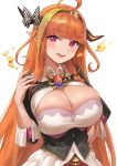 1girl bangs big_breasts blush bow breasts brooch cleavage cleavage_cutout dress fang high_resolution hololive horn horn_bow horns jewelry kiryuu_coco long_hair looking_at_viewer nhaliz open_mouth orange_hair purple_eyes red_eyes short_sleeves smile virtual_youtuber white_background