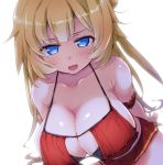 1girl :d akai_haato big_breasts bikini_skirt bikini_top blonde blue_eyes breast_curtains breasts cleavage hirowa_nagi hololive leaning_forward long_hair open_mouth smile swimsuit swimsuit_under_swimsuit virtual_youtuber