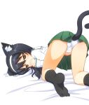  1girl all_fours animal_ears ass black_hair blush brown_eyes cat_ears cat_tail covering_mouth girls_und_panzer green_skirt hairband long_hair looking_back panties pantyshot pleated_skirt reizei_mako school_uniform serafuku skirt socks solo tail umekichi underwear upskirt 