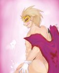 abs arc_system_works blazblue blonde_hair cape cum cum_on_body cum_on_lower_body cum_on_self cum_on_upper_body domino_mask ejaculation facial_hair flaccid gloves hair highres licking_lips lip_licking male male_focus mask naughty_face penis relius_clover solo stubble sweat tongue tongue_out white_eyes