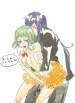 1boy 1girl artist_request banysun bent_over blush breasts chinese cleavage clothed_sex couple dress green_hair gumi hetero hug hugging incest kamui_gakupo male orange_dress orange_skirt ponytail purple_hair school_uniform sex sexy_face shirt skirt text translation_request uniform vaginal vocaloid white_background