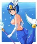  1girl big_breasts blue_eyes blush breasts capcom elbow_gloves eyeshadow female_only from_behind gloves helmet lipstick looking_back makeup mega_man mega_man_9 mermaid monster_girl nipples polearm rear_view rockman rockman_(classic) rockman_(original) rockman_9 sideboob sigurd_hosenfeld sigurdhosenfeld smile splash_woman tail topless trident underwater weapon 