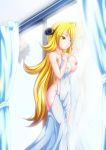  1boy 1girl big_breasts blonde_hair breast_press breasts brock cynthia erect_nipples female_human glass high_res highres large_breasts long_hair male_human naked_sheet nipples nude ossannoa pokemon shirona_(pokemon) standing takeshi_(pokemon) yellow_eyes 