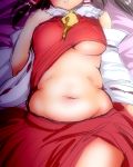 1girl bed belly black_hair breasts detached_sleeves female hakurei_reimu head_out_of_frame hyudora long_hair lying navel on_back plump shirt_lift sketch solo touhou underboob