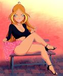 1girl big_breasts blonde_hair brown_hair crossed_legs dark-skinned_female dark_green_eyes fairy_of_nature female_only flora_(winx_club) hair_streak high_heels holding_hair legs nipple_bulge park_bench skirt solo_female tanned_skin thighs winx_club zfive