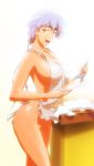 apron big_breasts bleach bottomless breasts cooking egg eggs gairon highres isane_kotetsu kotetsu_isane lips naked_apron plate short_hair sideboob silver_hair solo spatula