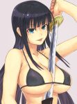 1girl between_breasts big_breasts bikini bikini_top black_bikini black_hair blue_eyes female_only huge_breasts ikaruga_(senran_kagura) katana long_hair looking_at_viewer open_mouth parted_lips senran_kagura senran_kagura_(series) simple_background skindentation smile solo solo_female strap_gap swimsuit sword weapon yuuji_(and)