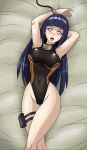  1girl big_breasts blue_hair blush breasts cameltoe clothed_navel deadmoon deadmoon_(kein2002) highres hinata_hyuuga long_hair lying naruto on_back one-piece_swimsuit open_mouth solo swimsuit white_eyes 