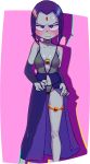  1girl blush dc dc_comics female female_only forehead_jewel half_demon lingerie looking_at_viewer mostly_nude panties purple_hair raven_(dc) short_hair standing superheroine teen_titans thong underwear 