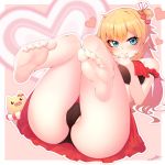 1:1_aspect_ratio 1girl 1girl akai_haato aqua_eyes ass bangs barefoot big_breasts blonde blush border breasts cameltoe closed_mouth eyebrows_visible_through_hair eyelashes feet hair_ornament heart heart_background heart_hair_ornament high_resolution hololive long_hair looking_at_viewer lying medium_breasts on_back outside_border ozakiyo shiny shiny_hair signature smile soles thighs toes virtual_youtuber white_border