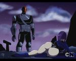  1_girl 1boy 1girl ankle_boots ass bubble_butt cape cartoon_network clothed dat_ass dc dc_comics deathstroke female frostbiteboi large_ass male purple_hair raven_(dc) short_hair slade superheroine teen_titans 