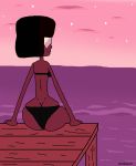  1_female 1_girl 1girl ass bikini black_hair butt_crack buttcrack cartoon_network dock female female_only female_solo garnet garnet_(steven_universe) gem gem_(species) gems glasses jizzwizard ocean red_skin sitting solo solo_female steven_universe sunset swimsuit 