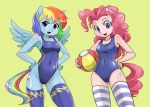 2girls anthro ball beach_ball eyebrows eyelashes friendship_is_magic looking_at_viewer my_little_pony pinkie_pie rainbow_dash shepherd0821 stockings swimsuit wings