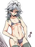 1boy bikini black_legwear blue_eyes braid bulge crossdressing genderswap izayoi_sakuya maid_headdress mars_symbol micro_bikini navel short_hair silver_hair smirk solo stockings swimsuit tajima_yuuki thighhighs touhou trap twin_braids