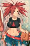 1girl asuna_(pokemon) avian belt big_breasts blaziken blaziken_(pokemon) breasts bursyamo_(pokemon) chicken claws cleavage creatures_(company) denim flannery_(pokemon) game_freak gen_3_pokemon gym_leader hair_over_one_eye hips humans_of_pokemon jeans large_breasts long_hair looking_at_viewer magister_(bigbakunyuu) magister_(medical_whiskey) midriff multicolored_fur navel nintendo non-mammal_breasts pants petting pokemon pokemon_(anime) pokemon_(creature) pokemon_(game) pokemon_(species) pokemon_black_2_&_white_2 pokemon_bw2 pokemon_rse pokemon_ruby_sapphire_&_emerald pokemorph ponytail red_eye red_eyes red_hair shirt slender_waist smile smoke solo talons taut_clothes taut_shirt toned torkoal wide_hips yellow_sclera