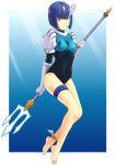  1girl barefoot blue_hair capcom feet gloves humanized jas mega_man mega_man_9 polearm rockman rockman_(classic) rockman_(original) rockman_9 short_hair solo spear splash_woman trident weapon 