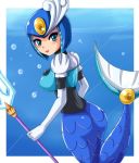  1girl big_breasts blush breasts capcom elbow_gloves female_only gloves green_eyes helmet mega_man mega_man_9 mermaid monster_girl polearm rockman rockman_(classic) rockman_(original) rockman_9 sigurd_hosenfeld sigurdhosenfeld splash_woman trident underwater weapon 