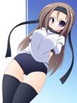  black_legwear black_thighhighs blush brown_hair buruma gym_uniform headband long_hair original school_uniform stockings thighhighs ushi 