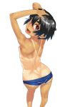 :d arms_up ass back black_hair blush breasts butt_crack fang hands_on_head kneepits looking_back oohara_kyuutarou open_mouth red_eyes shiny shiny_skin short_hair sideboob simple_background small_breasts smile sweat swimsuit_pull tan tan_line wet white_background