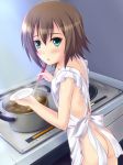 1boy apron ass bad_id baka_to_test_to_shoukanjuu blush brown_hair cooking curry food gay girly green_eyes hair_ornament hairclip kinoshita_hideyoshi ladle looking_back naked_apron plate pot shiwasu_gatsu shiwasuzuki solo stove trap