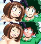  1boy 1girl big_breasts bluegraves breasts brown_eyes brown_hair bunny bunny_costume bunny_ears bunny_girl censored close-up closed_eyes crying curvy easter gigantic_breasts holidays huge_breasts izuku_midoriya izuocha looking_at_another my_hero_academia nervous ochako_uraraka shounen_jump shy 