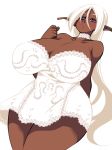  1girl bare_shoulders blue_eyes breasts choker cleavage curvy dark_elf dark_skin elf female gigantic_breasts huge_breasts long_hair original pointy_ears simple_background solo standing thighs ushi white_background white_hair wide_hips 